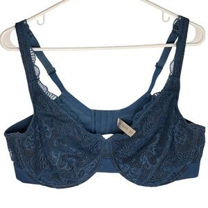 Cacique Opulent Lace Unlined Underwire Bra 42D Teal Blue Floral Scalloped Trim
